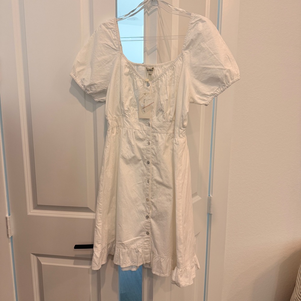 Sim & Sam Women White Cotton Puff Sleeve Button Front Ruffle Mini Dress L